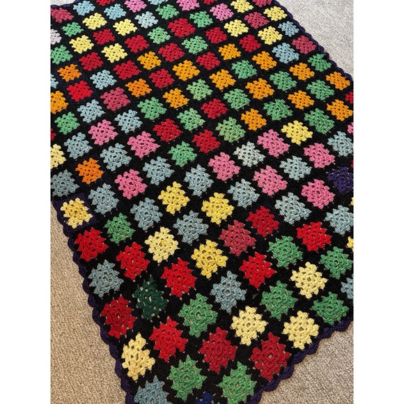 Handmade Other - VTG GRANNY SQUARE Handmade Crochet Purple Ruffle Border 60x45 Afghan Throw 1970s